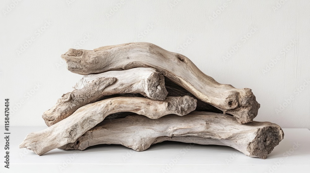 Poster a stack of rustic firewood logs, focusing on their rough, organic textures and irregular shapes, pre