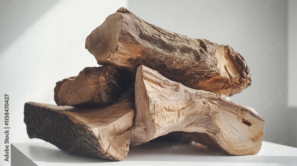 Poster a stack of rustic firewood logs, focusing on their rough, organic textures and irregular shapes, pre