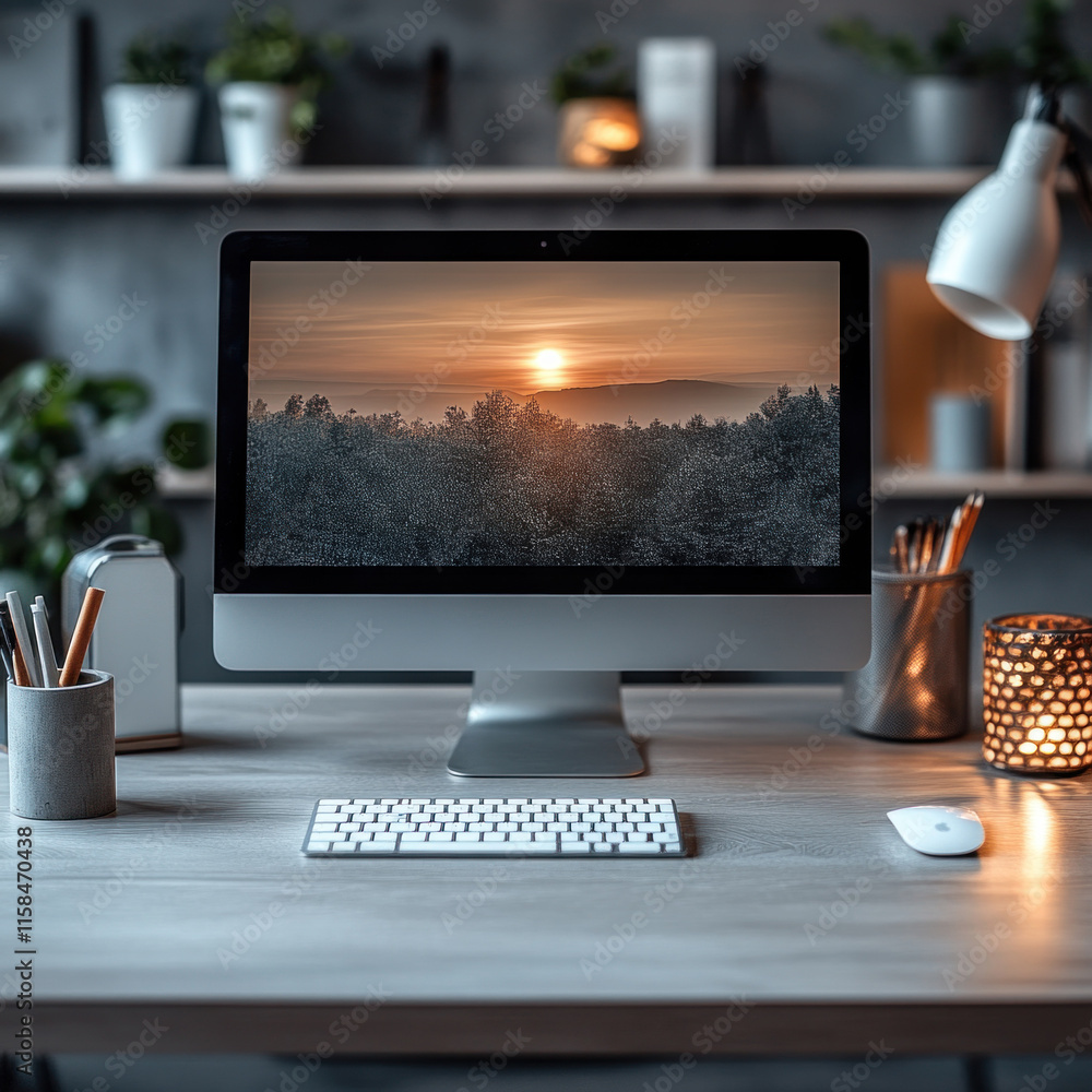 Aufkleber a modern workspace features a sleek computer showing a sunset over a forest, illuminated by warm des