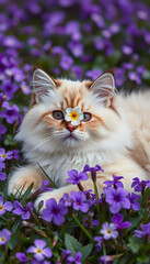 Cute siberian cat lying on the periwinkle lawn with flower on the head, hyperrealism, with white tones