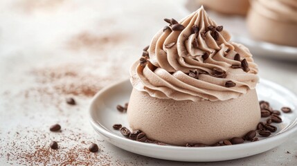 A creamy dessert topped with chocolate shavings, served on a plate.