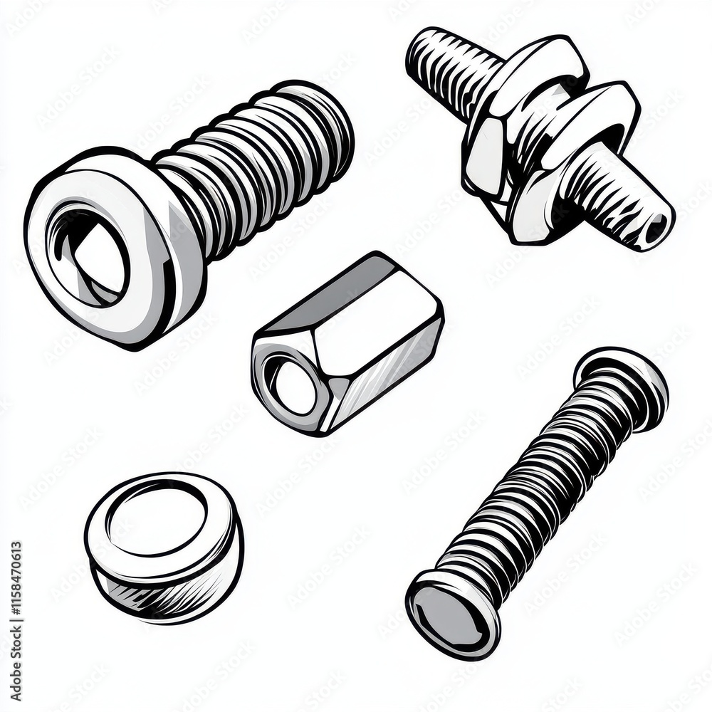 Poster a collection of various bolts and nuts in a detailed sketch style, showcasing different shapes and s