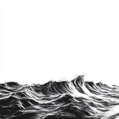 A dramatic black and white depiction of powerful ocean waves crashing, evoking a sense of motion and energy.