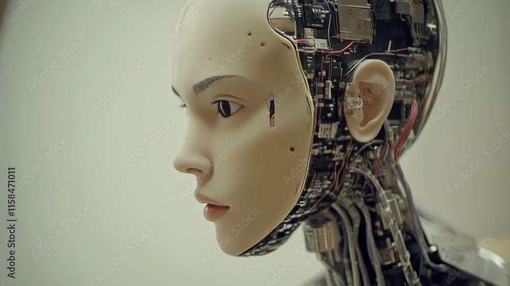Poster concept ai machine learning artificial intelligence robot learning network system advance ai on blue