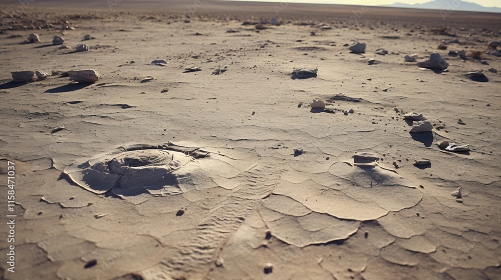 Poster mysterious alien footprints leading away from a crashed spacecraft in the middle of a vast desolate 