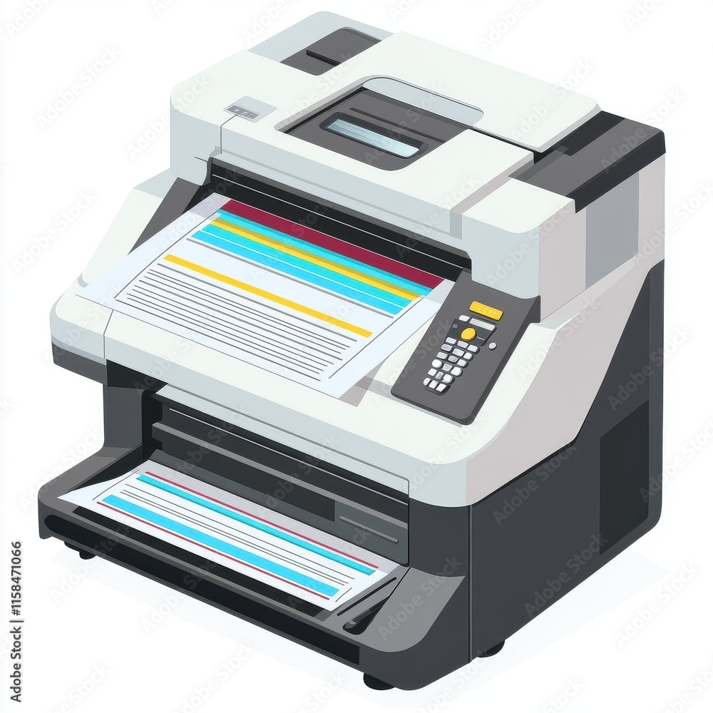 Poster a modern multi-function printer with colorful documents in the output tray, showcasing vibrant print