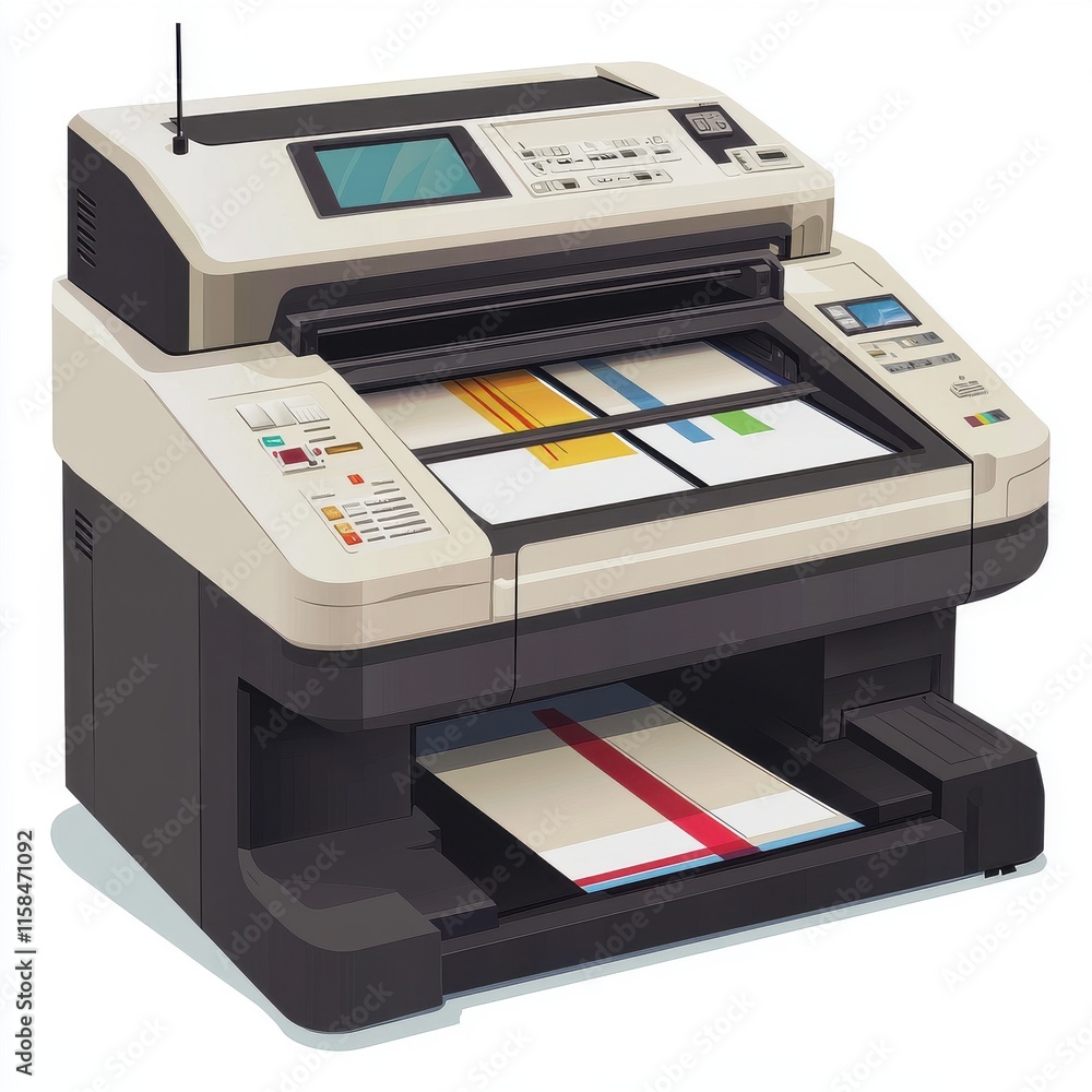 Poster a high-tech multi-function printer showcasing scanning and printing capabilities with colored docume