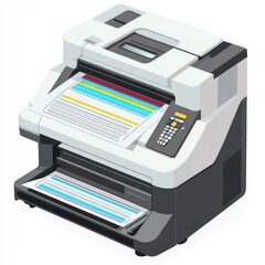 A modern multi-function printer with colorful documents in the output tray, showcasing vibrant printing capabilities.