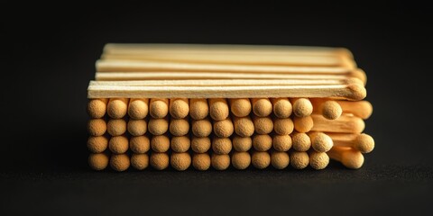 Stack of wooden match sticks arranged neatly, showcasing the intricate details of each wooden match stick, with emphasis on the front match stick for a striking visual appeal.
