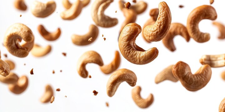 Close up view of roasted cashews flying against a white background, showcasing the delightful texture and color of roasted cashews in motion, perfect for culinary themes.