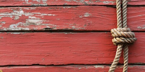 Obraz premium Old rope displayed against a backdrop of weathered red wooden planks creates a rustic and textured visual. The old rope enhances the character of the distressed red painted wood planks.