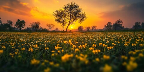 Obraz premium Charming beauty of a mustard field captured during sunset, showcasing the vibrant colors and serene atmosphere that enhance the overall beauty of a mustard field at dusk.