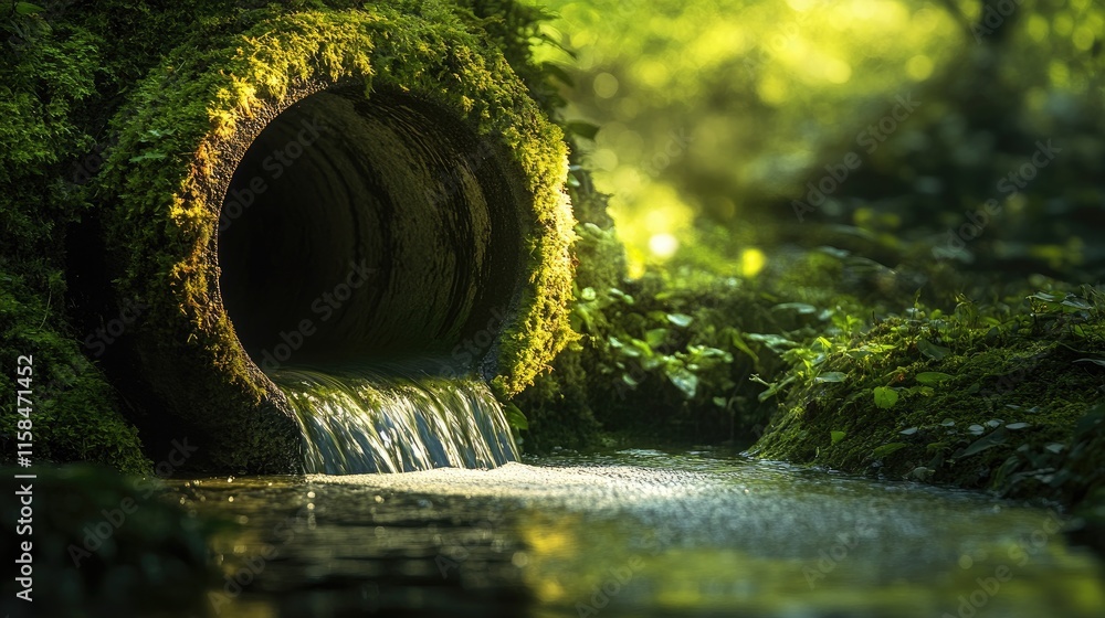 Aufkleber a stream of rainwater flowing through a moss-covered drainage pipe, illuminated by soft daylight, cr