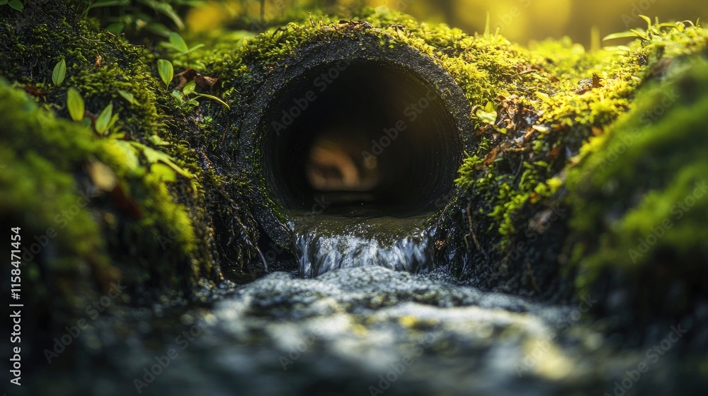 Poster a stream of rainwater flowing through a moss-covered drainage pipe, illuminated by soft daylight, cr
