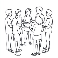 A diverse group of young people collaborating in a circle, sharing ideas and documents thoughtfully.