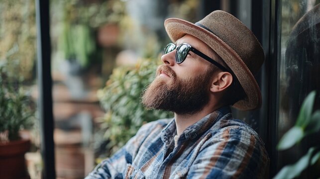 Bearded hipster wearing sunglasses and hat relaxing in a greenhouse