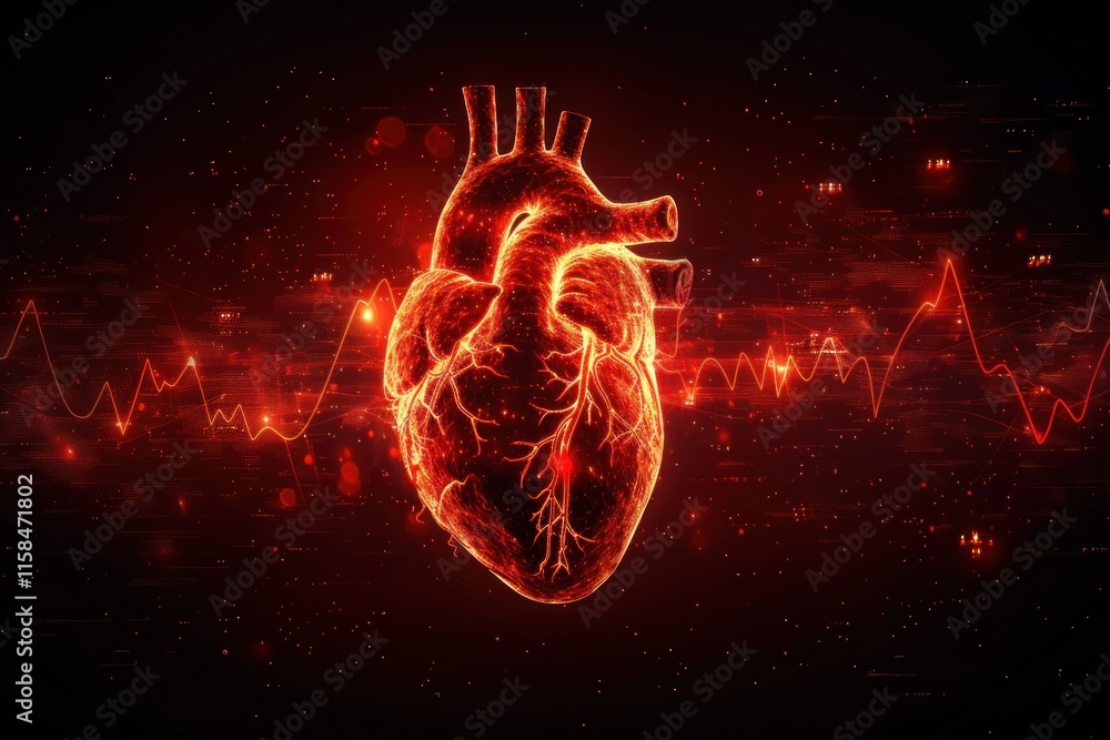 Poster visual of an abstract human heart shape illuminated in red, surrounded by a pulsing cardio wave that