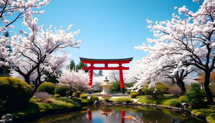 Serene Japanese Garden with Cherry Blossoms and Traditional Torii Gate