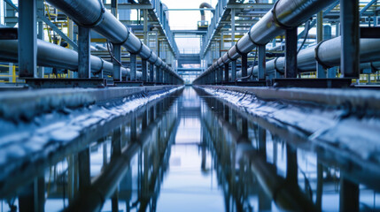 Industrial Pipes Traversing Water Surface