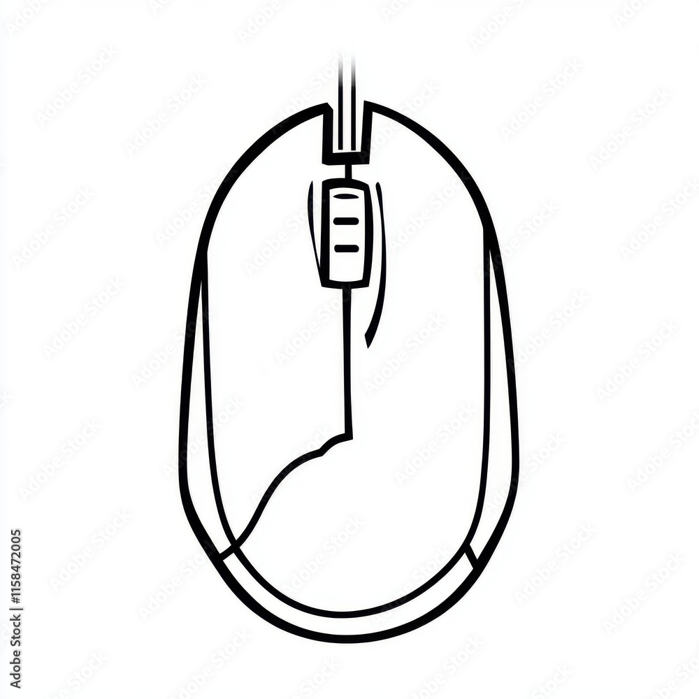 Poster a minimalist illustration of a computer mouse in black and white, showcasing its simple design and f