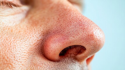 Naklejka premium Close up of red irritated nose, emphasizing the discomfort and struggle of allergies or cold symptoms, highlighting the human vulnerability and resilience in the face of common ailments.