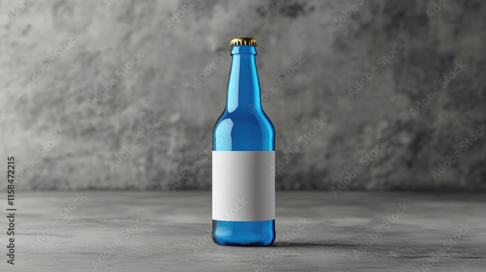 Poster a stylish blue beer bottle with a blank label, elegantly placed on a smooth grey surface, perfect fo