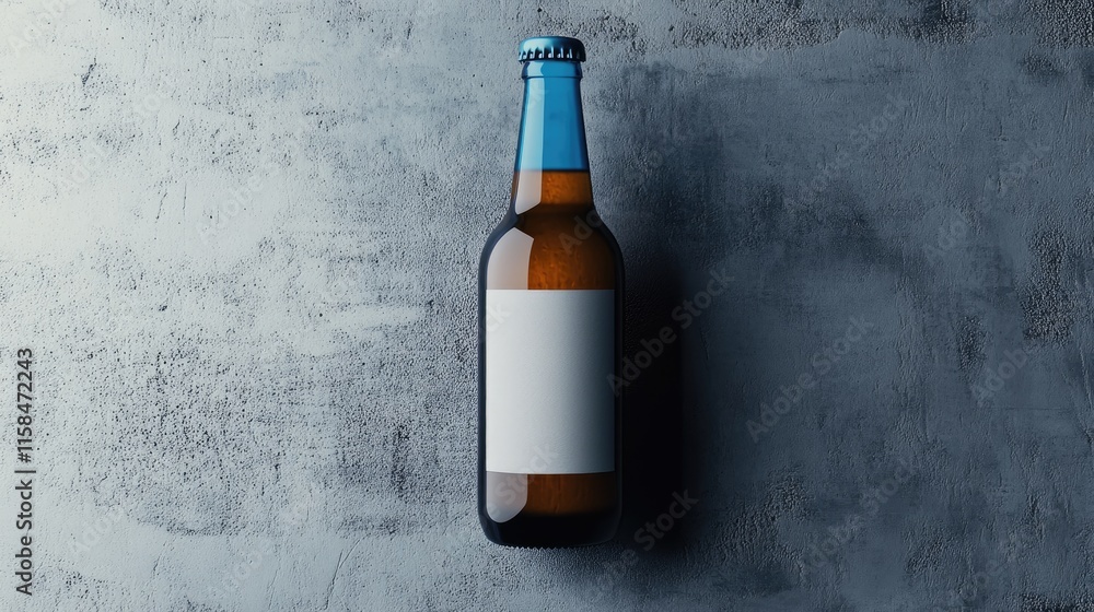 Poster a stylish blue beer bottle with a blank label, elegantly placed on a smooth grey surface, perfect fo