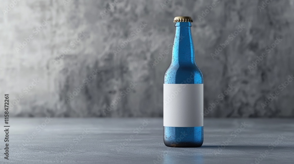Poster a stylish blue beer bottle with a blank label, elegantly placed on a smooth grey surface, perfect fo