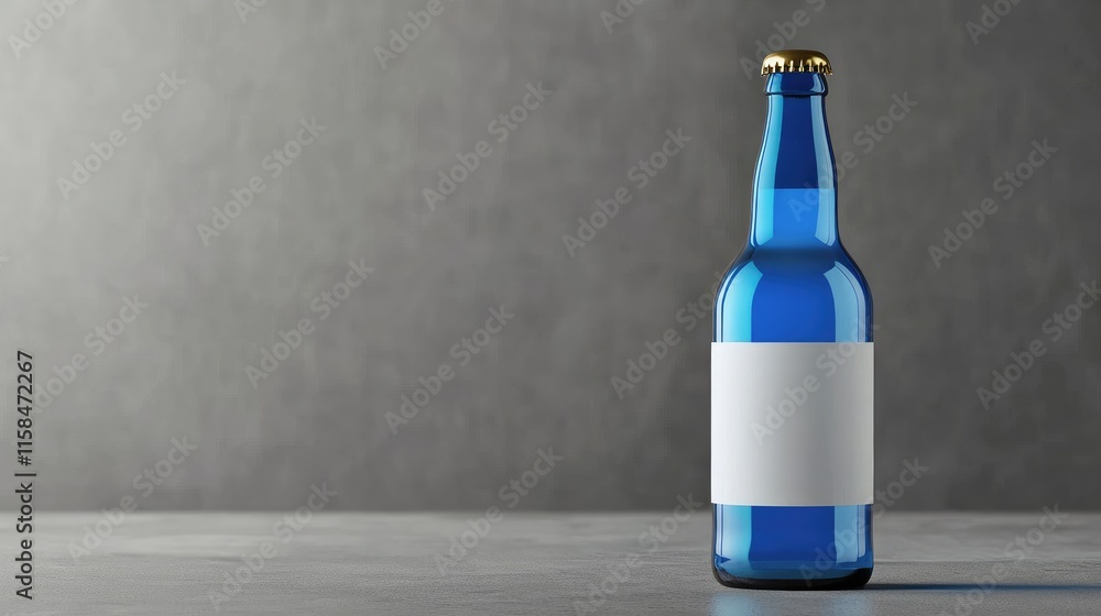 Poster a stylish blue beer bottle with a blank label, elegantly placed on a smooth grey surface, perfect fo