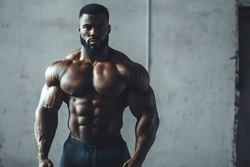 Muscular bodybuilder flexing his impressive abs and massive biceps after completing an intense workout session in the gym, embodying strength and dedication to fitness