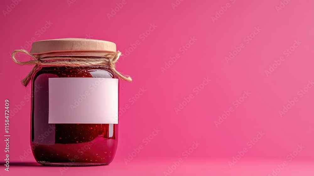 Poster A stylish jar of raspberry jam with a blank label, captured in close-up on a vibrant pink backdrop, ideal for showcasing new product designs