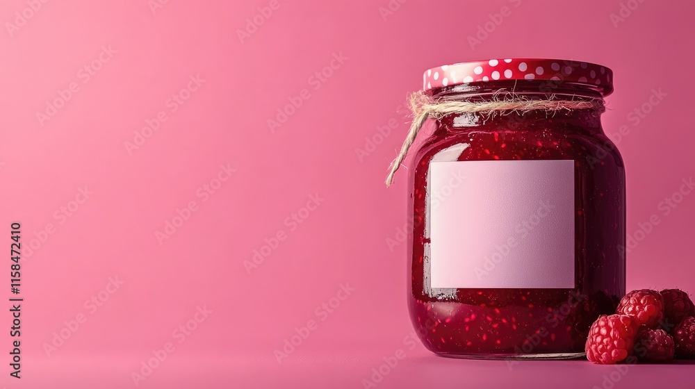 Poster A stylish jar of raspberry jam with a blank label, captured in close-up on a vibrant pink backdrop, ideal for showcasing new product designs