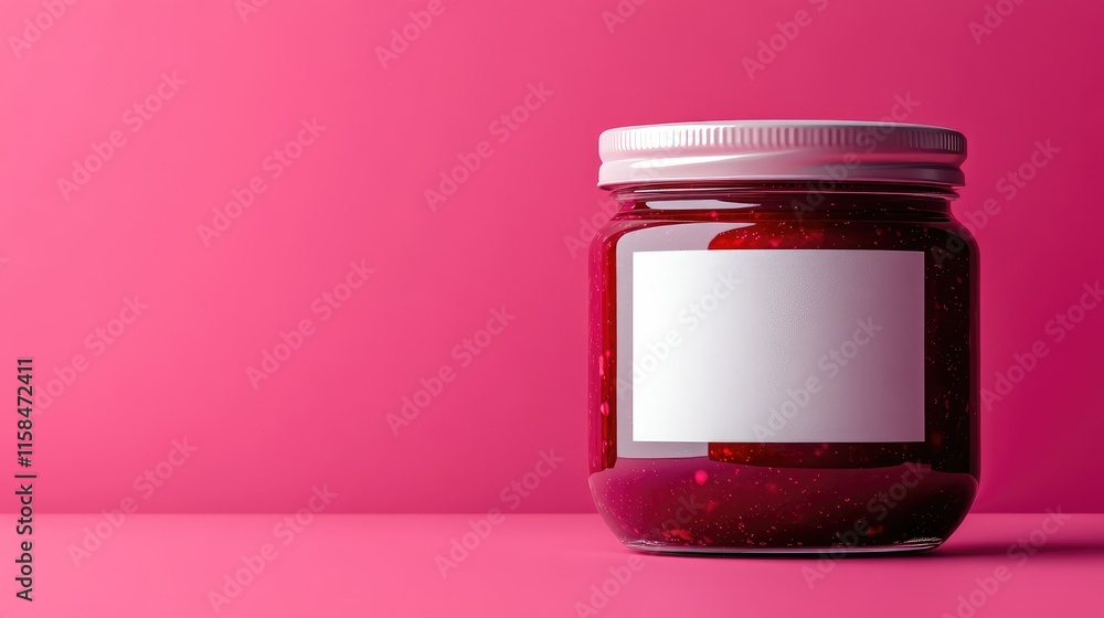 Poster A stylish jar of raspberry jam with a blank label, captured in close-up on a vibrant pink backdrop, ideal for showcasing new product designs