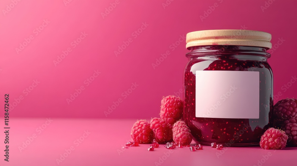 Poster A stylish jar of raspberry jam with a blank label, captured in close-up on a vibrant pink backdrop, ideal for showcasing new product designs