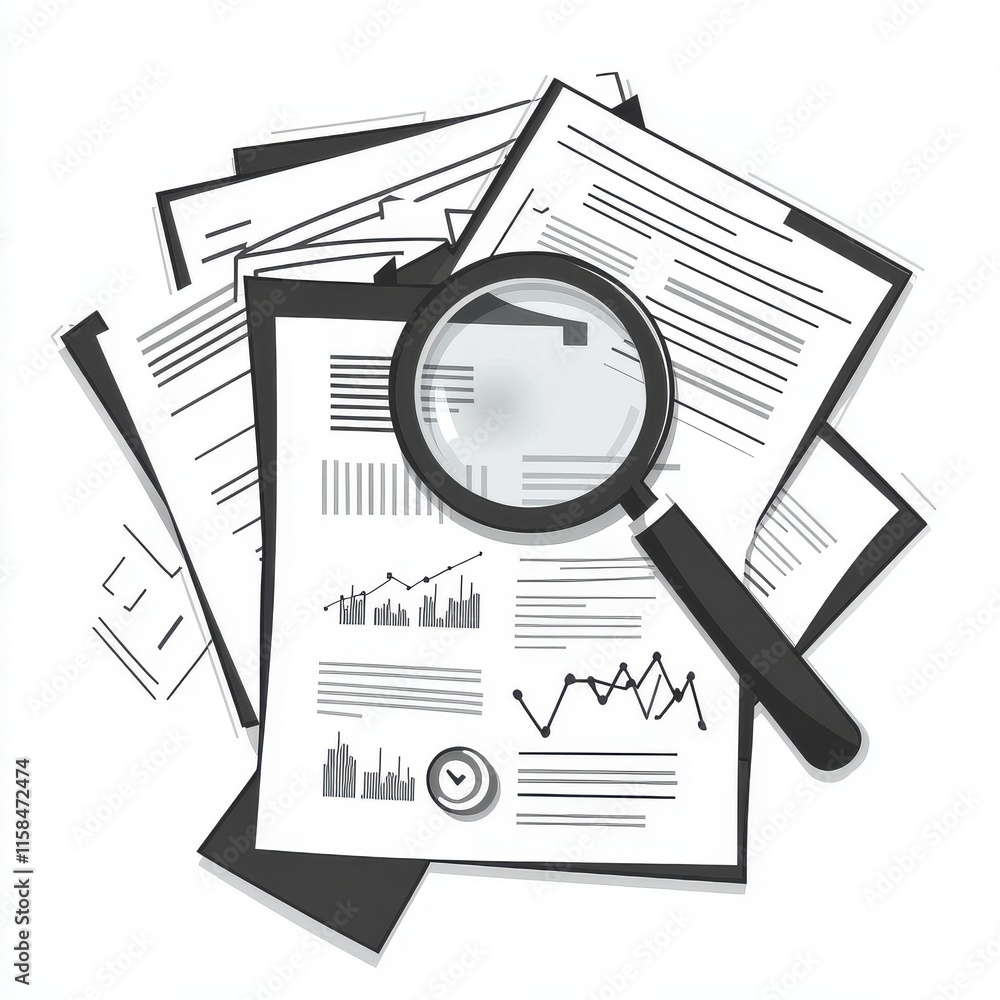 Poster a collection of documents with graphs and a magnifying glass, symbolizing analysis and research.