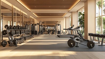 Dumbbells placed on the floor in a spacious fitness room with gym equipment in the background