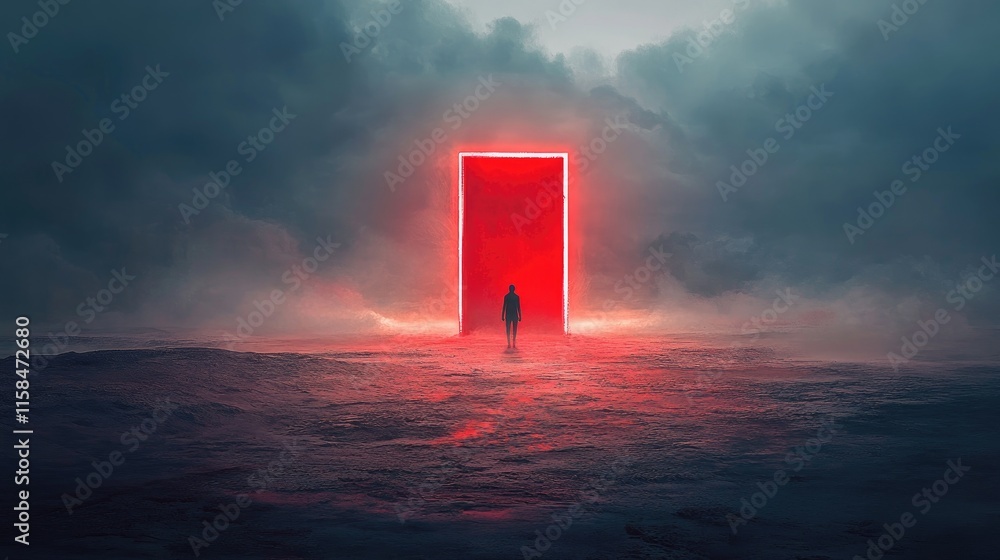 Poster a surreal digital art scene featuring an ethereal figure standing in the middle of an empty landscap