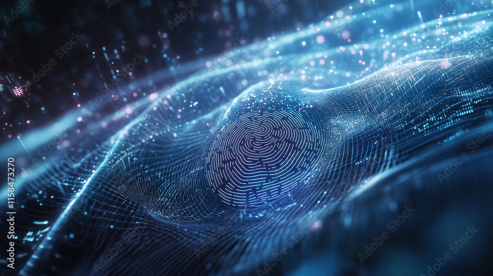 Poster blue abstract image that is futuristic with finger prints and digital wireframe concept. theft detec