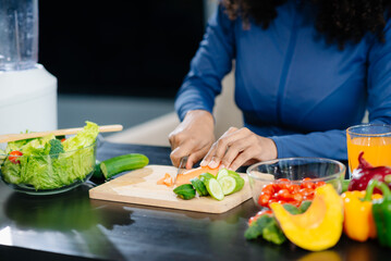 Healthy cooking, featuring fresh fruits, vegetables, and a blender. Perfect for themes of nutrition, wellness