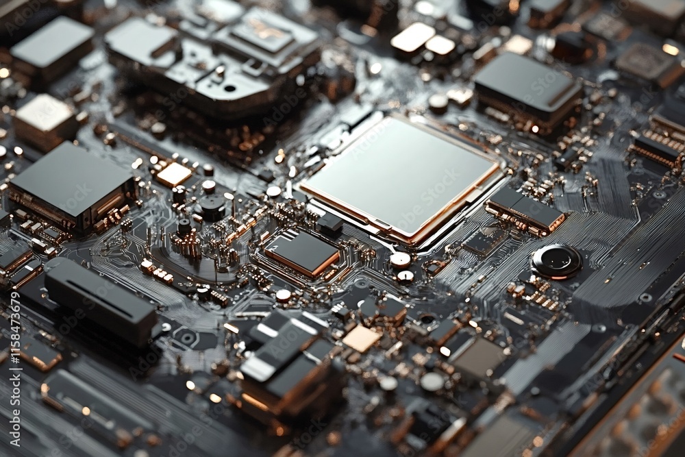 Poster electronic circuit board showcasing intricate connections, microchips, and other components, highlig