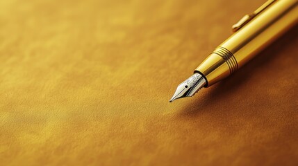 A close-up of a golden fountain pen resting on textured golden paper, symbolizing elegance and writing.