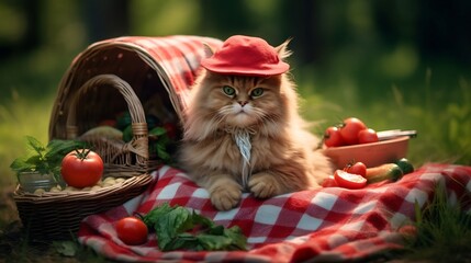 Adorable cat wearing a whimsical watermelon hat sitting contentedly on a picnic blanket in a lush verdant park landscape exuding a sense of playful summertime joy and leisure