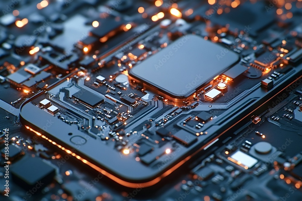Poster illuminated electronic circuitry and components glowing on a cpu in a close-up shot, revealing the i