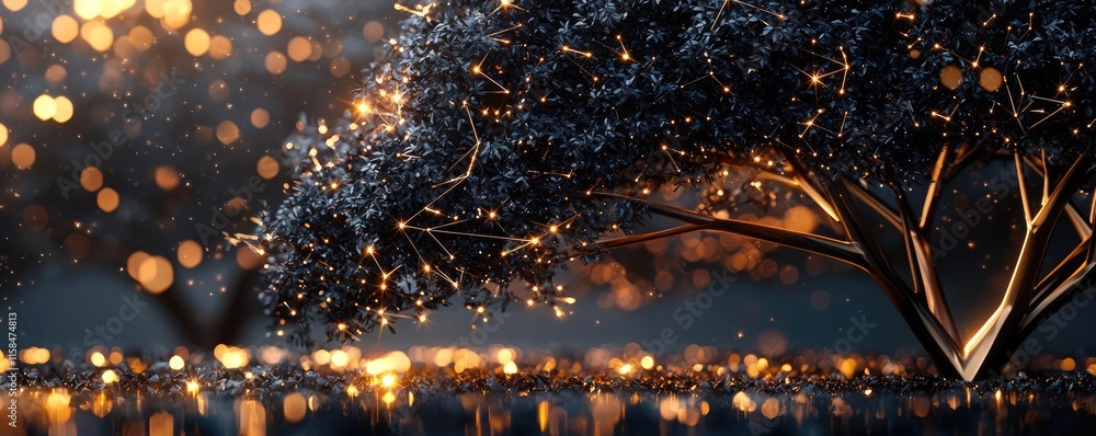 Poster ebony tree abstract background concept. an enchanting tree illuminated by magical lights in a mystic