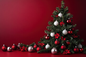Festive Christmas Tree Decorated with Red and White Ornaments for a Joyful Holiday Celebration on a Rich Red Background