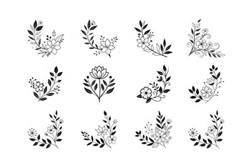 Floral Corner Design Black Vector Line Art, Elegant Decorative Illustration.