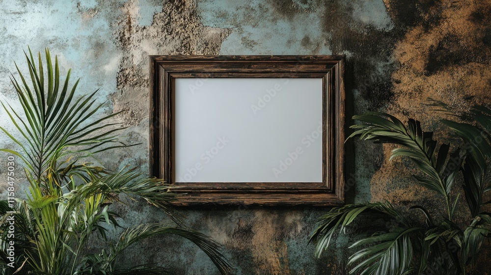 Poster a wooden frame mockup with a blank canvas, positioned on a wall with decorative plants beside it, cr