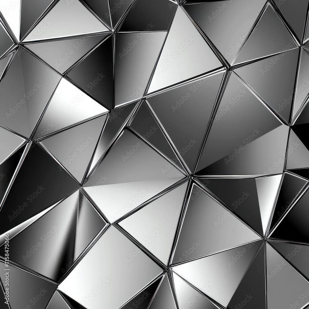 Poster abstract geometric pattern of reflective triangular shapes in shades of silver and gray.