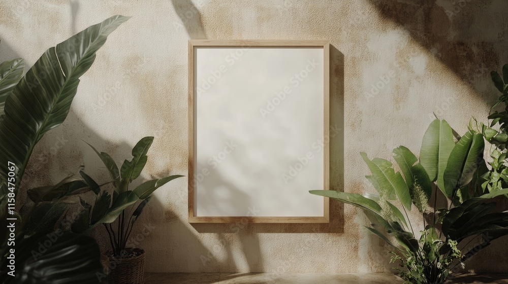 Poster a wooden frame mockup with a blank canvas, positioned on a wall with decorative plants beside it, cr