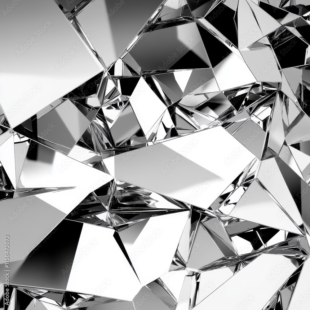 Poster abstract close-up of reflective, shattered crystal structures in silver tones, creating a dynamic vi